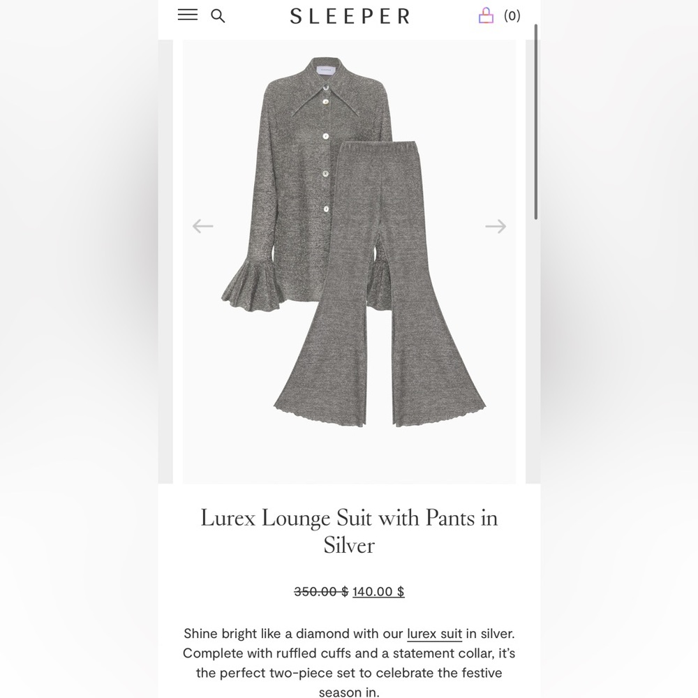NWT Sleeper LUREX top and bottom set in Silver size M